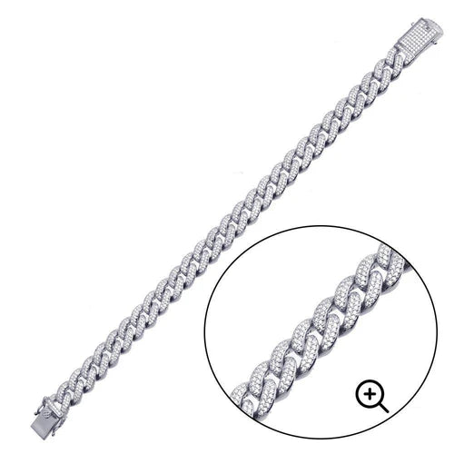 925 Sterling Silver Rhodium Plated CZ Encrusted Miami Cuban Link Bracelet 11.5mm