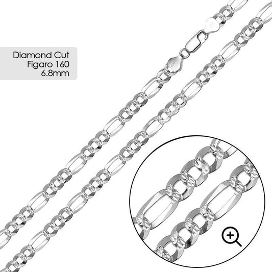 925 Sterling Silver Diamond Cut Figaro 160 6.8mm Chain or Bracelet