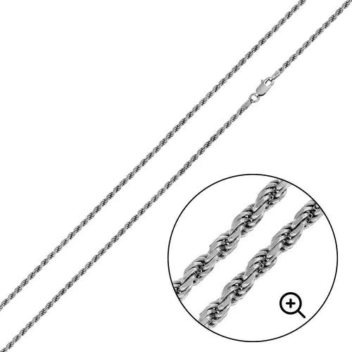 925 Sterling Silver Rhodium Plated Rope 050 Chain or Bracelet 2.5mm