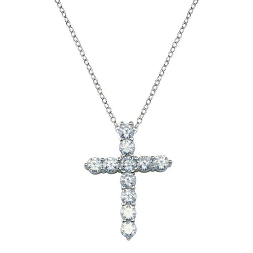 925 Sterling Silver Rhodium Plated Clear CZ Classic Cross Pendant Necklace