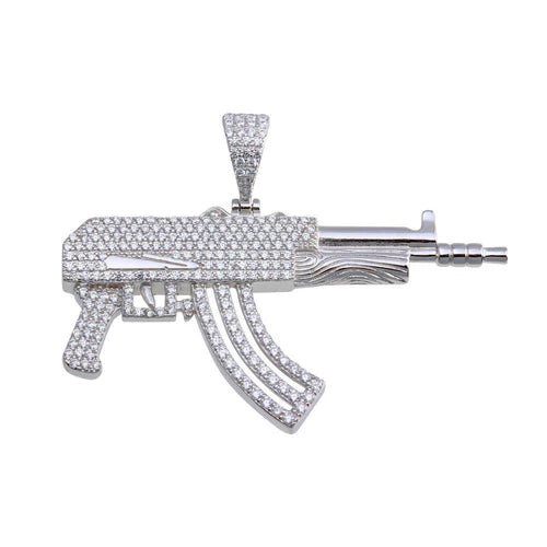 925 Sterling Silver Rhodium Plated CZ Gun Hip Hop Pendant
