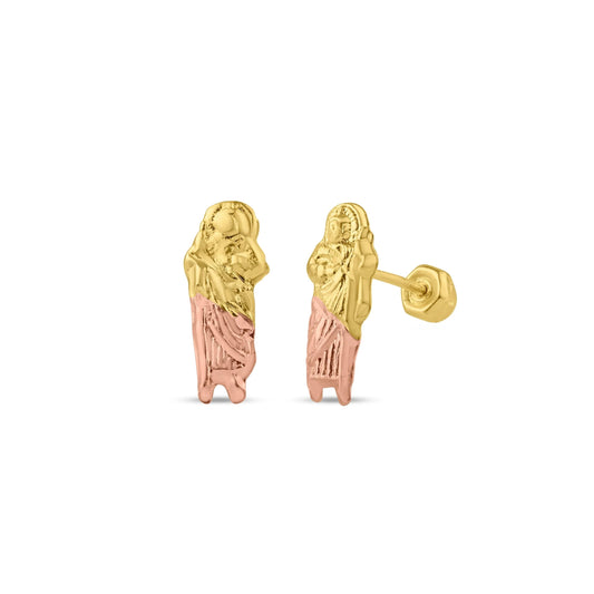 14 Karat Yellow Gold 3 Color Saint Jude Screw Back Stud Earring