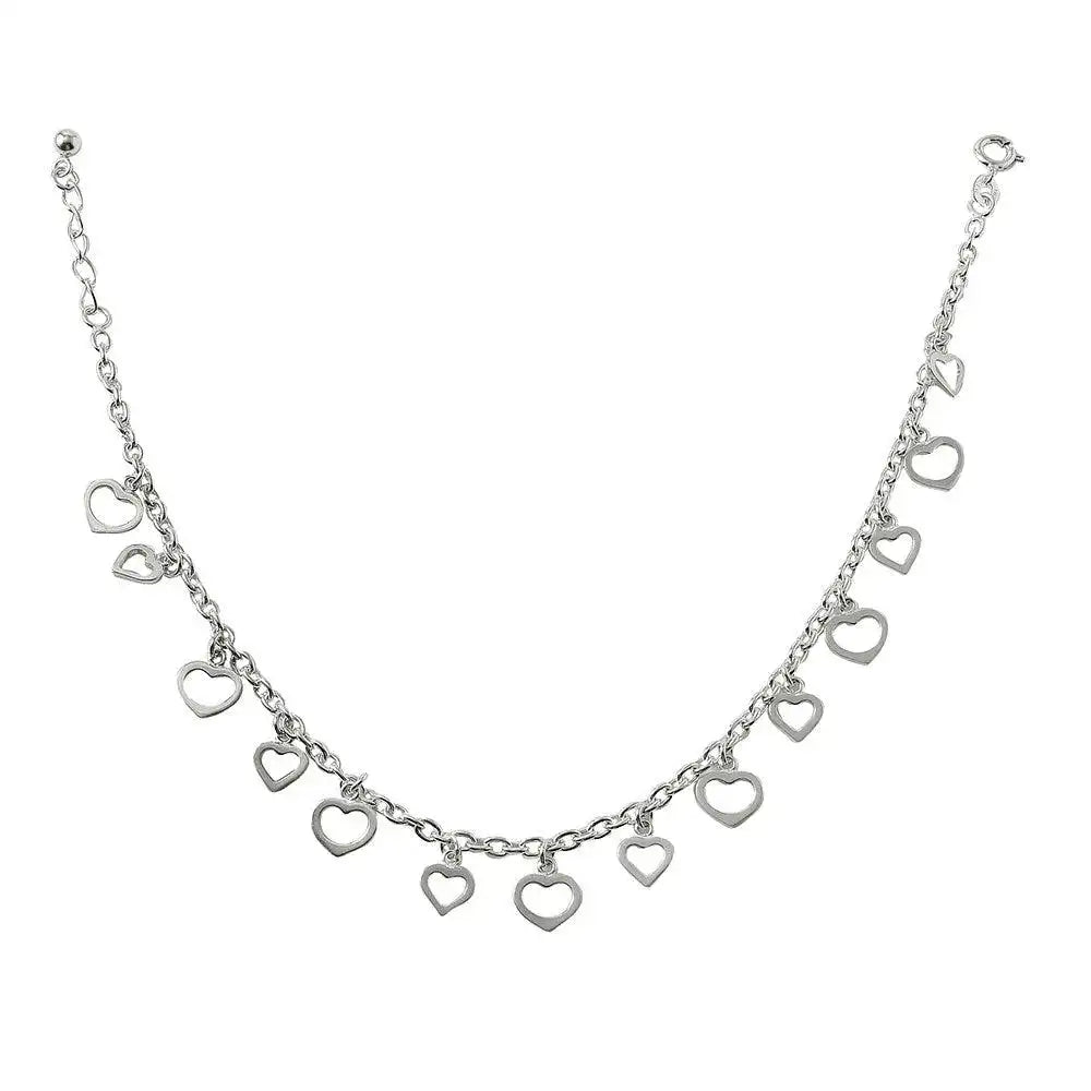 925 Sterling Silver Multi Dangling Open Hearts Anklet