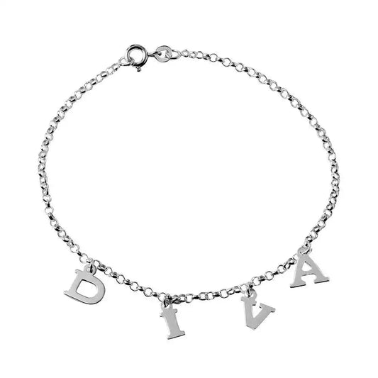 925 Sterling Silver DIVA Dangling Charm Link Anklet