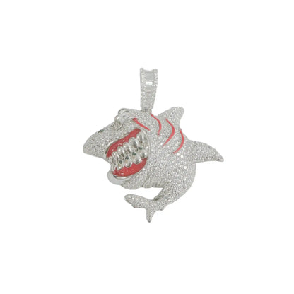 925 Sterling Silver Rhodium Plated Angry Shark Red Enamel Clear CZ Pendant