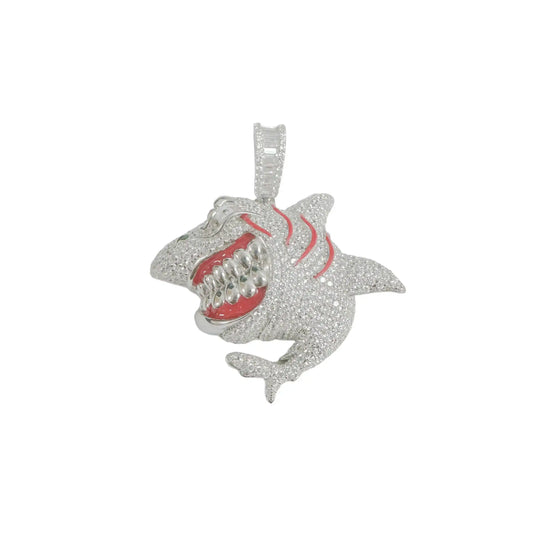 925 Sterling Silver Rhodium Plated Angry Shark Red Enamel Clear CZ Pendant