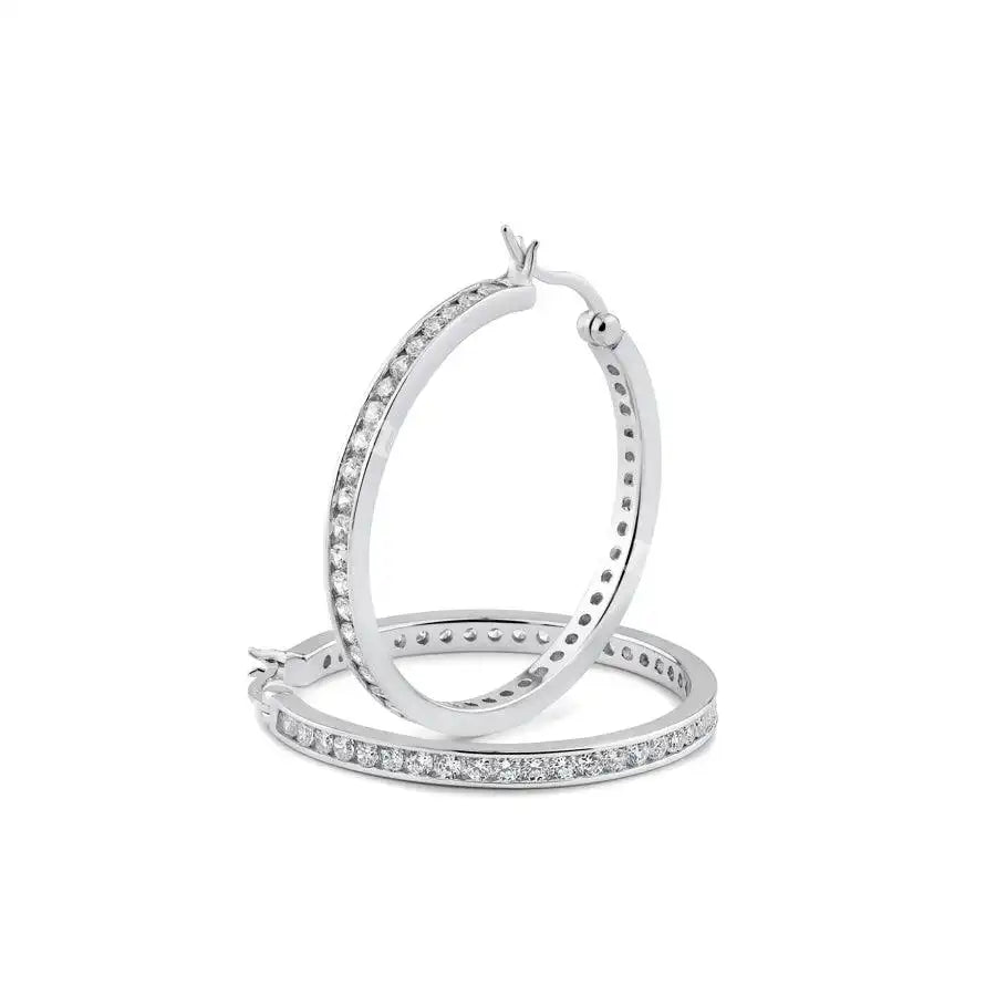 925 Sterling Silver Rhodium Plated 2.8mm Round Clear CZ Hoop Earrings