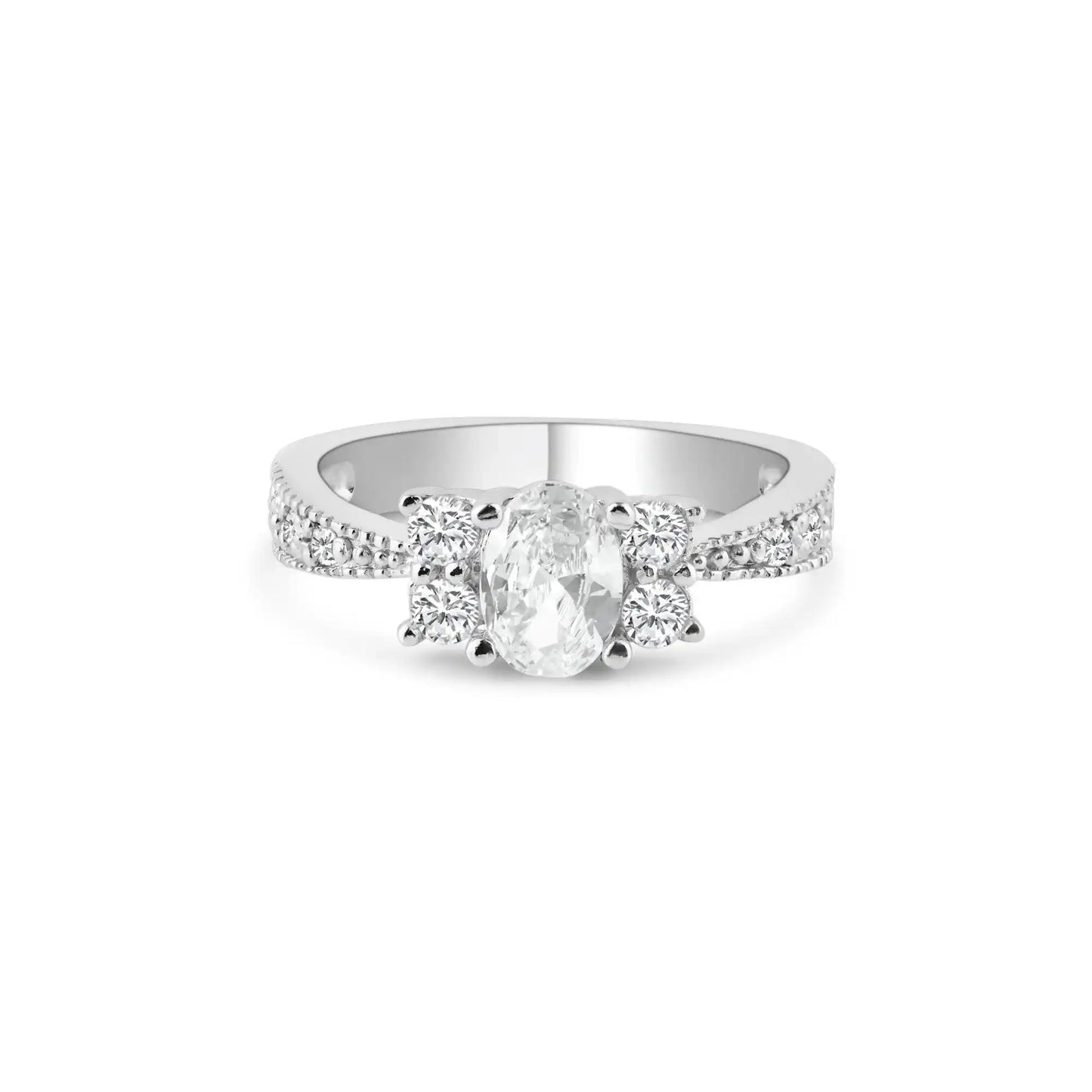 925 Sterling Silver Rhodium Plated Oval Center Pave Clear CZ Engagement Ring