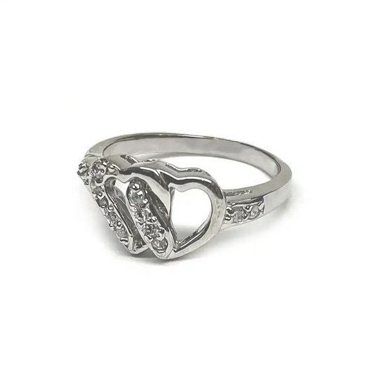 925 Sterling Silver Rhodium Plated Open Double Heart Clear CZ Ring