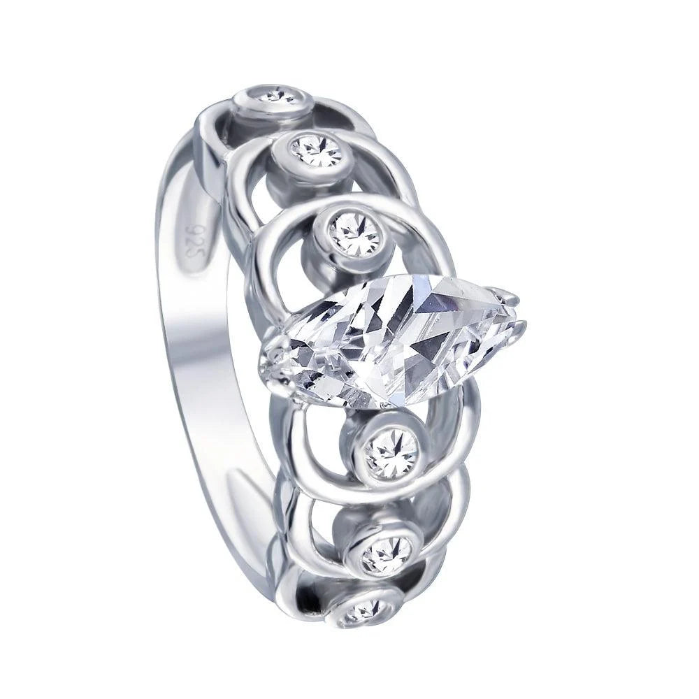 925 Silver Rhodium Plated Clear Marquise Center CZ Engagement Ring