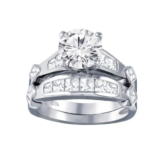 925 Sterling Silver Rhodium Plated Clear CZ Bridal Wedding Ring Set