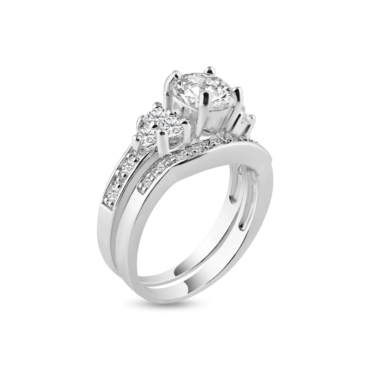 925 Sterling Silver Rhodium Plated Clear Pave CZ Engagement Ring Set