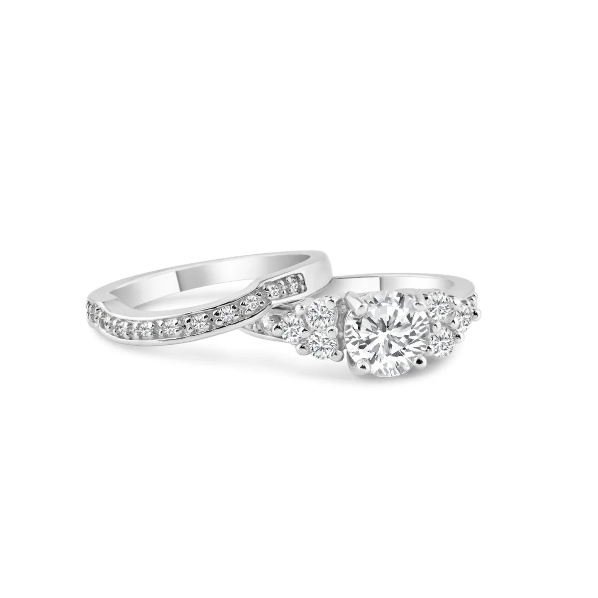 925 Sterling Silver Rhodium Plated Clear Pave CZ Engagement Ring Set