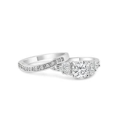 925 Sterling Silver Rhodium Plated Clear Pave CZ Engagement Ring Set