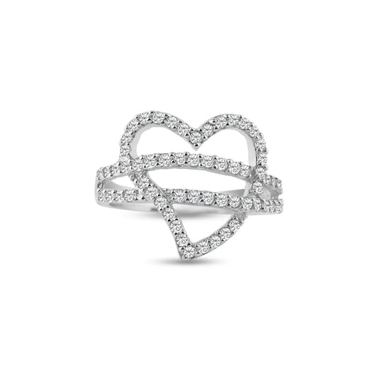925 Sterling Silver Rhodium Plated Pave Set CZ Open Heart Ring