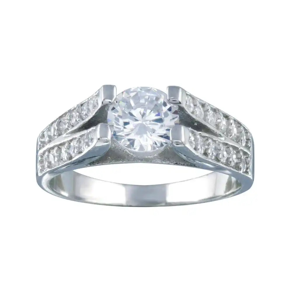 925 Sterling Silver Rhodium Plated Clear Pave Set Round Center CZ Engagement Ring