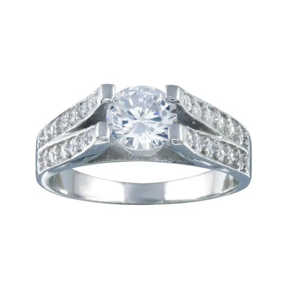 925 Sterling Silver Rhodium Plated Clear Pave Set Round Center CZ Engagement Ring