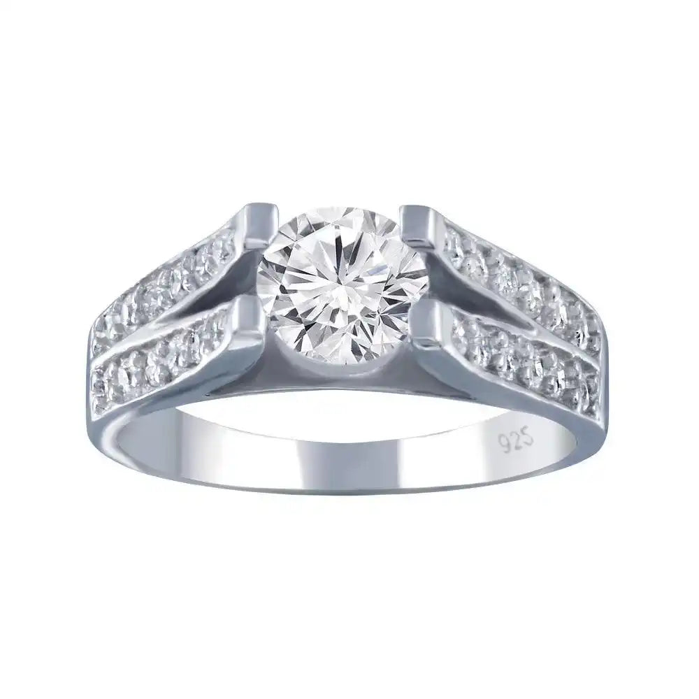 925 Sterling Silver Rhodium Plated Clear Pave Set Round Center CZ Engagement Ring
