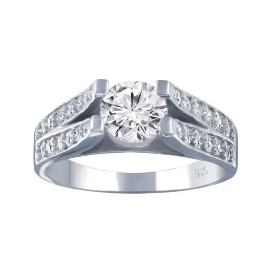 925 Sterling Silver Rhodium Plated Clear Pave Set Round Center CZ Engagement Ring