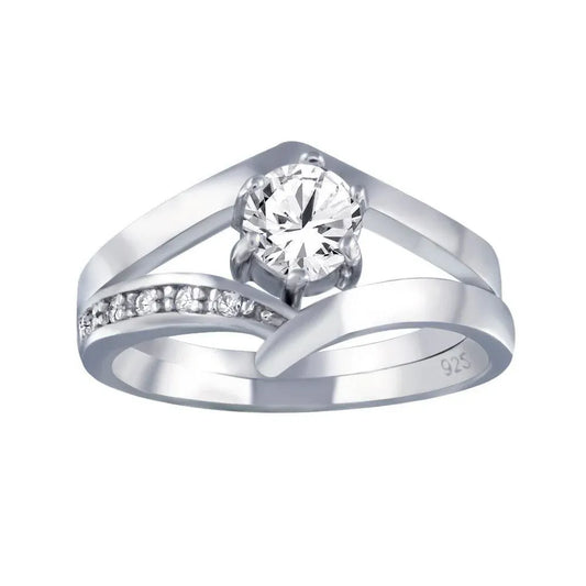 925 Sterling Silver Rhodium Plated Clear Pave Set and Round Center CZ Engagement Ring