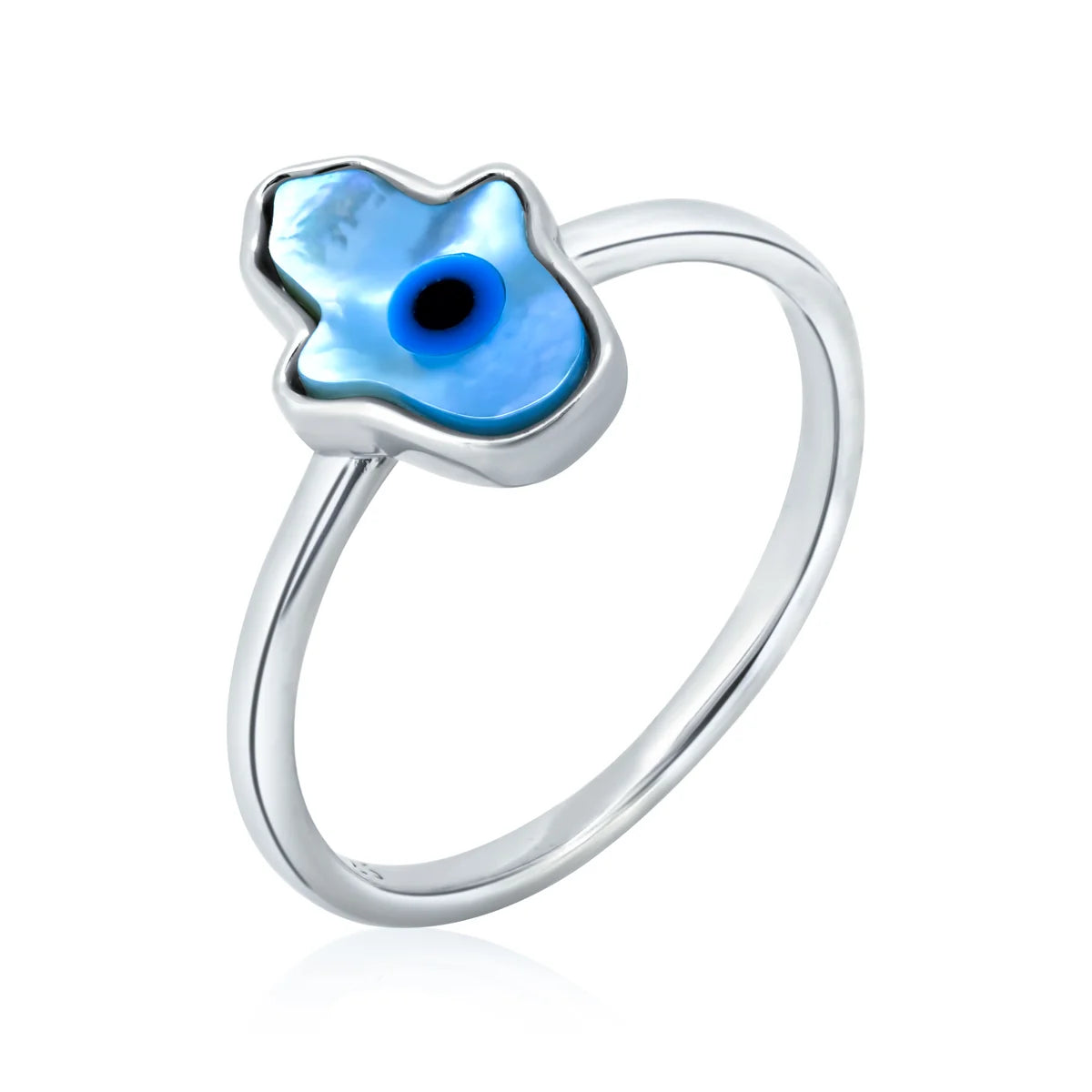 925 Sterling Silver Rhodium Plated Hamsa Evil Eye Mother of Pearl Ring