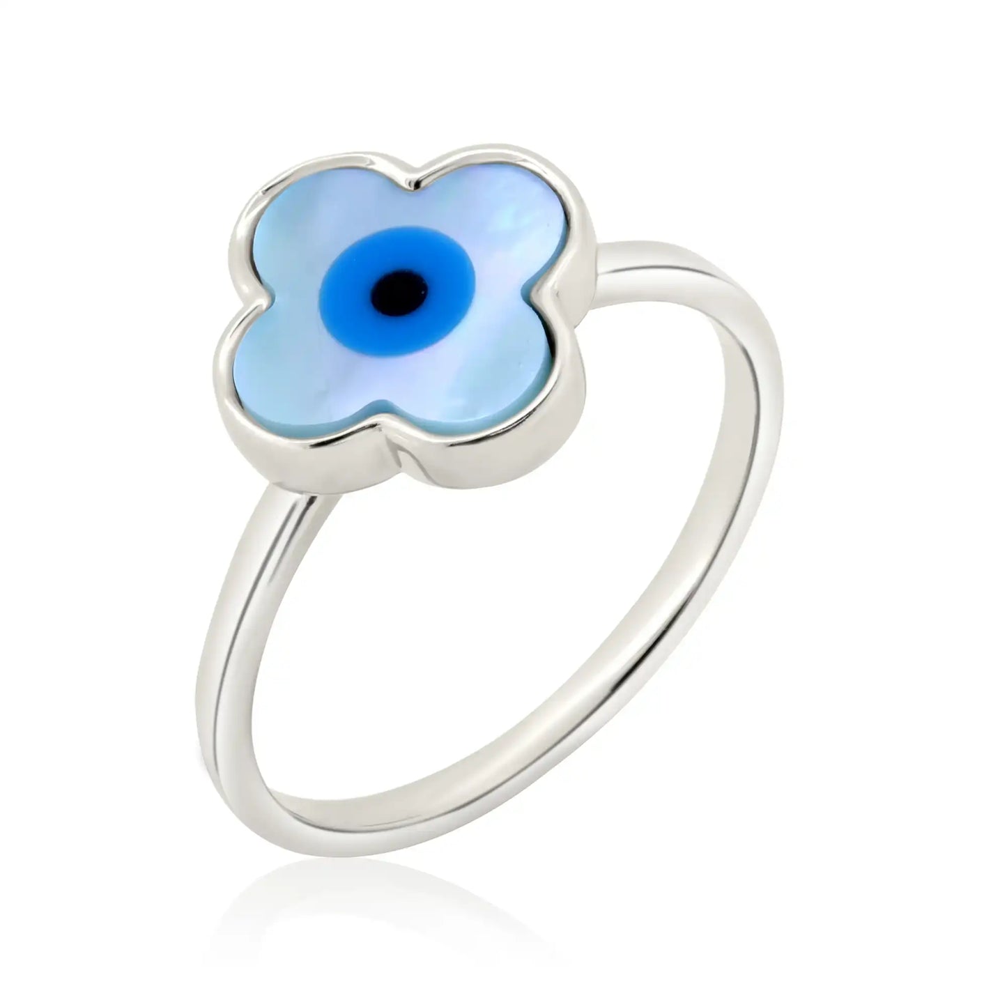 925 Sterling Silver Rhodium Plated Flower Eye Mother of Pearl Ring