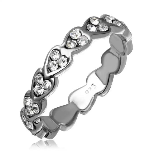 925 Sterling Silver Rhodium Plated Mini Heart Shaped Eternity Ring with CZ