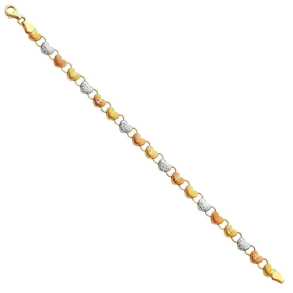 14K Tri-Color Gold Diamond Cut Heart Design Women's Bracelet size 7.25"