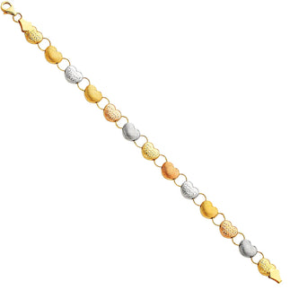 14K Tri-Color Gold Diamond Cut Heart Design Women's Bracelet size 7.25