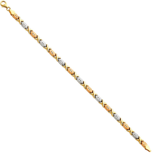 14K Tri-Color Gold Diamond Cut X and Oval Design Women's Bracelet  size 7.25"