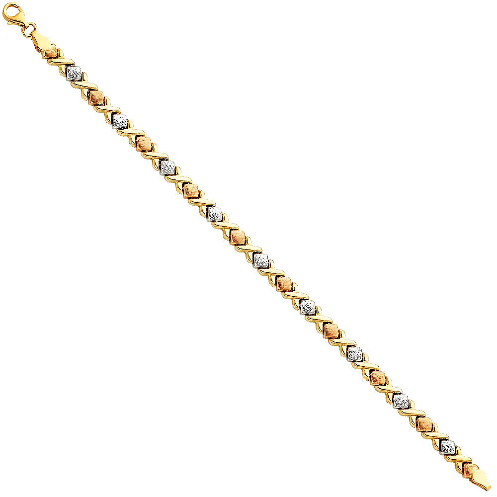 14K Tri-Color Gold Diamond Cut X and Square Design Women's Bracelet size 7.25"