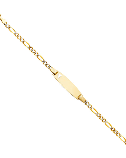14K Two-Tone Gold Children’s Figaro White Pave Link Heart Accent ID Bracelet
