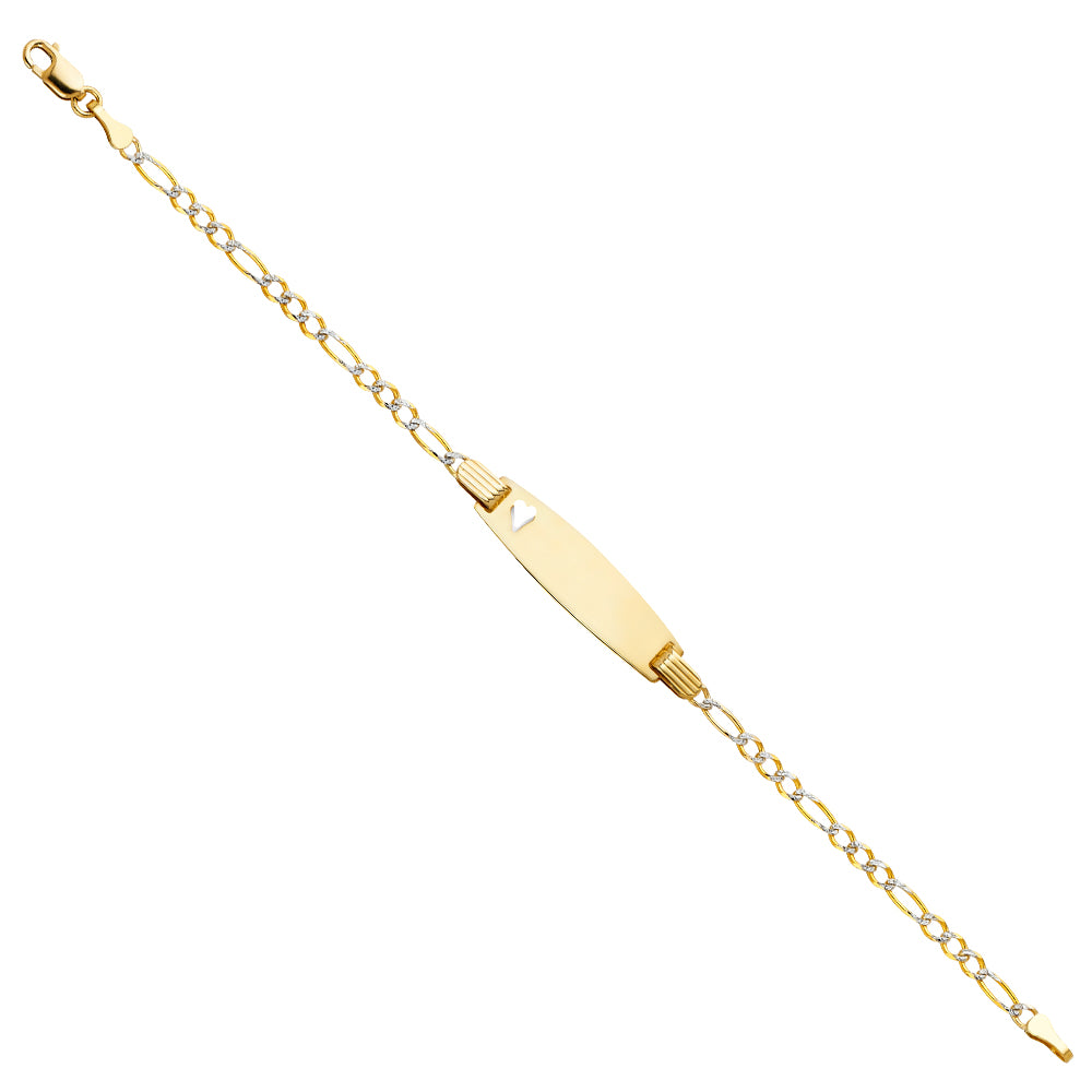 14K Two-Tone Gold Children’s Figaro White Pave Link Heart Accent ID Bracelet