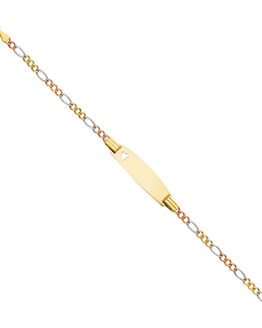 14K Tri-Color Gold Children’s Figaro Link Heart Accent ID Bracelet