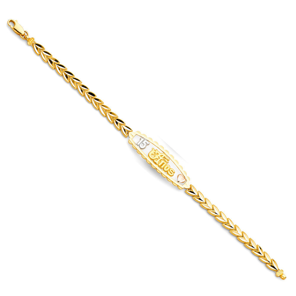14K Two-Tone Gold 15 Años Bracelet with Leaf Link Design