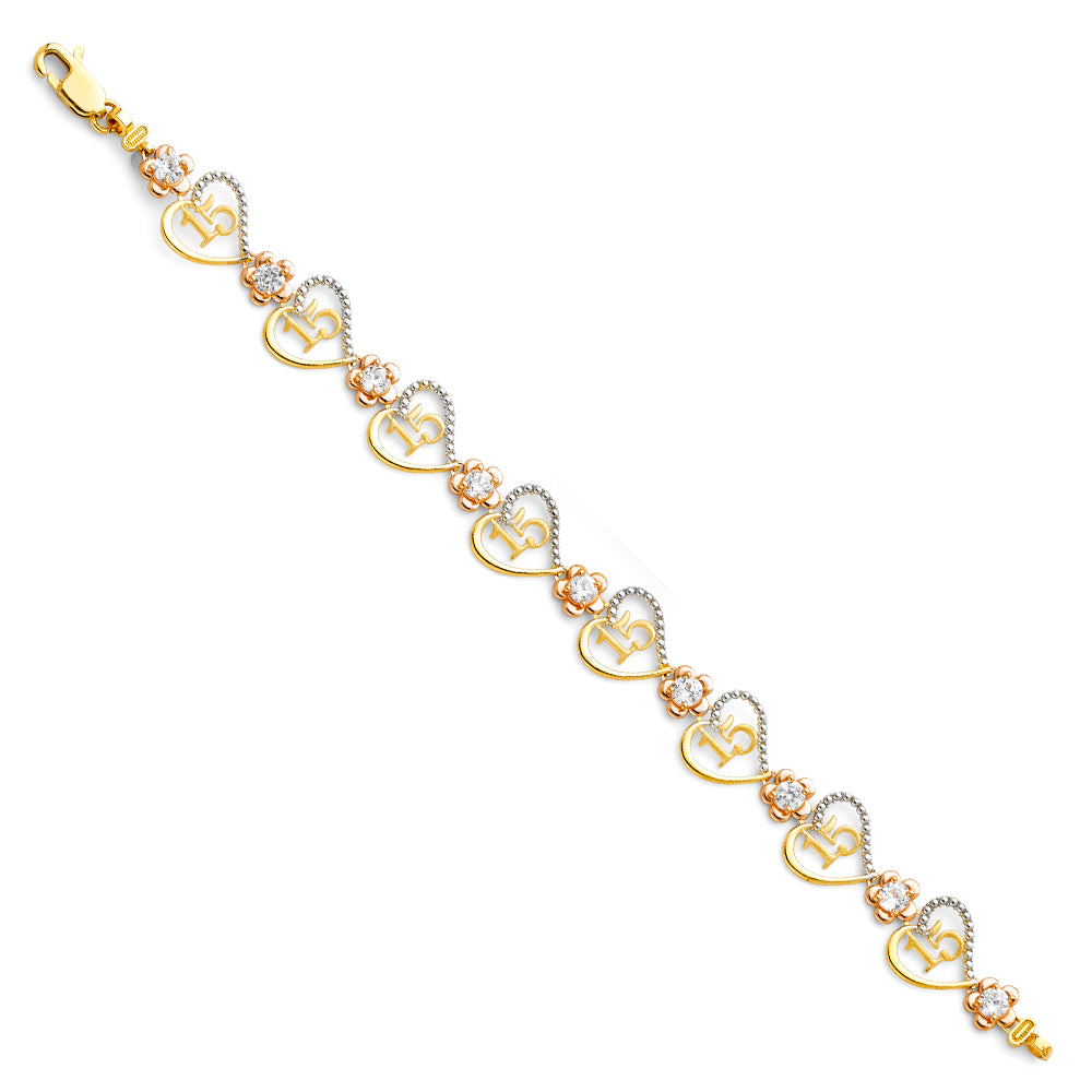 14K Tri-Color Gold Quinceañera Heart & Flower Bracelet with CZ Accents