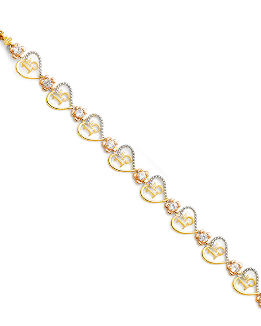 14K Tri-Color Gold Quinceañera Heart & Flower Bracelet with CZ Accents