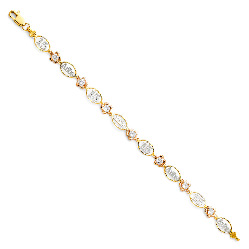14K Tri-Color Gold Quinceañera Oval Link Bracelet with CZ Accents