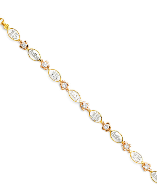 14K Tri-Color Gold Quinceañera Oval Link Bracelet with CZ Accents