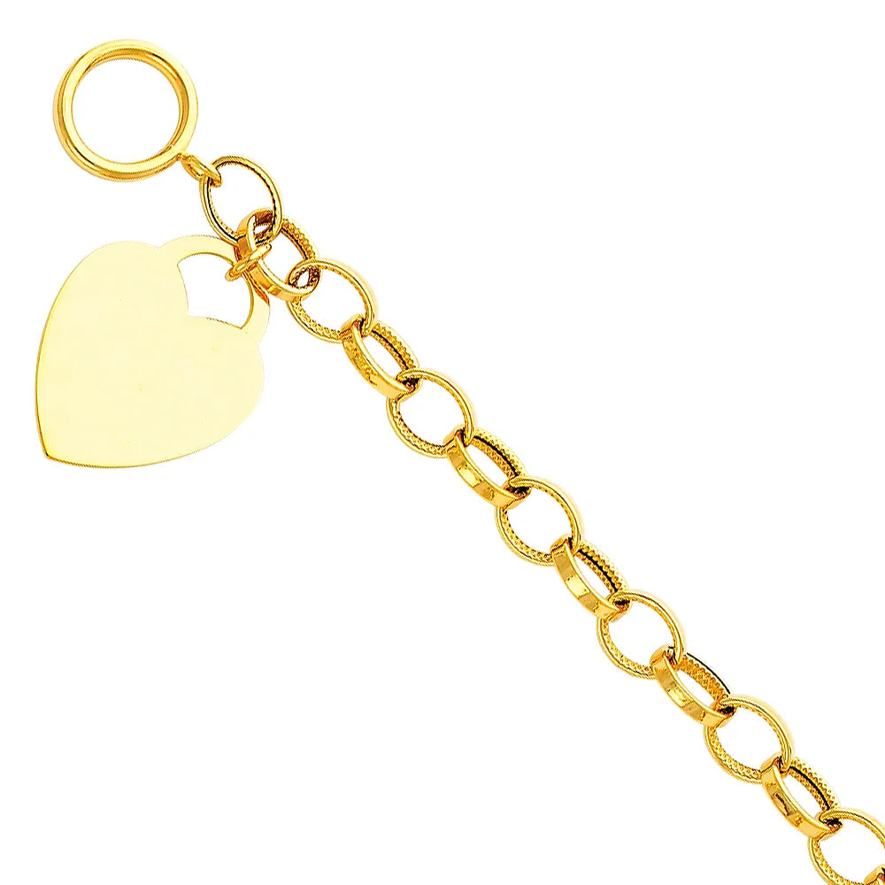 14K Yellow Gold Heart Charm Toggle Link Women's Bracelet Size 7.5"