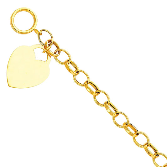 14K Yellow Gold Heart Charm Toggle Link Women's Bracelet Size 7.5"