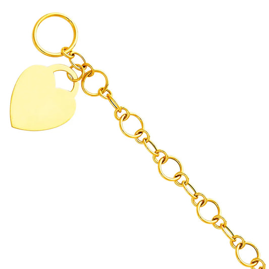 14K Yellow Gold Heart Charm Toggle Link Women's Bracelet Size 7.5"