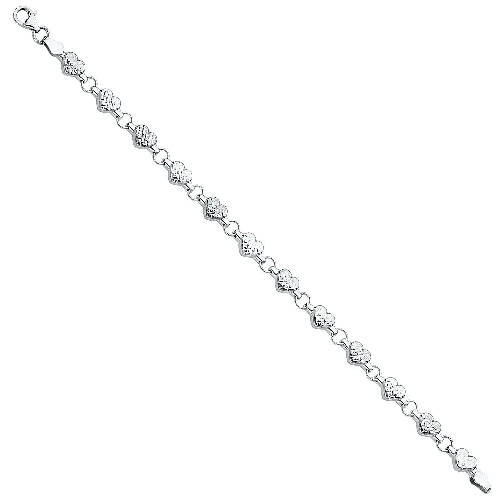 14K White Gold Diamond Cut Heart Design Women's Bracelet size 7.25"