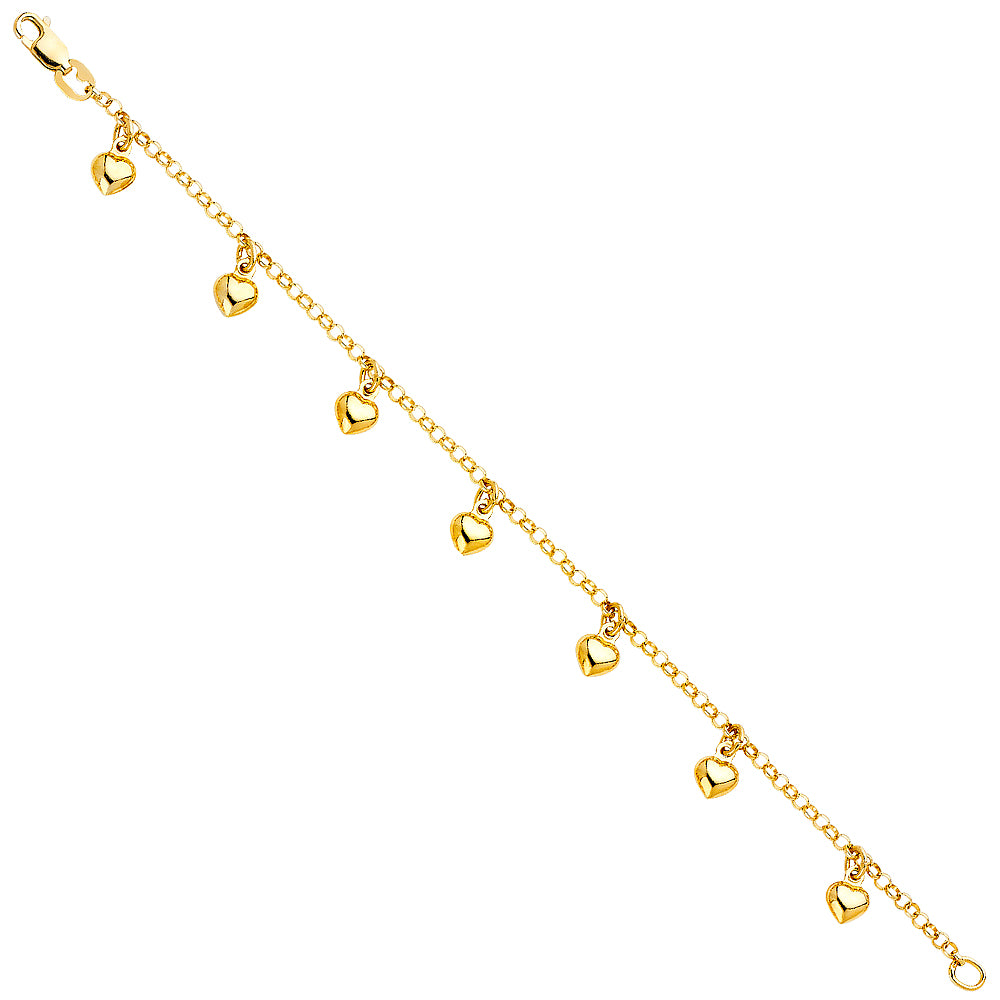 14K Yellow Gold Woman’s Heart Dangle Bracelet