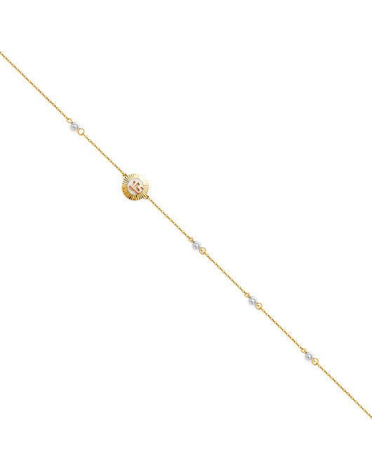 14K Tri-Color Gold Quinceañera Sunburst Medallion Bracelet