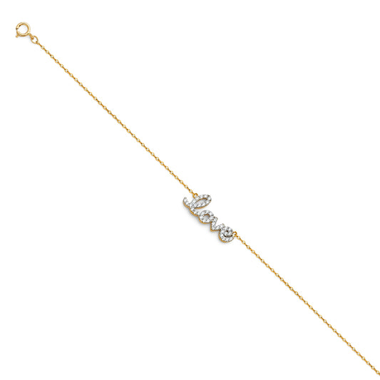 14K Two-Tone Gold Woman’s Love Script Bracelet with CZ Accents