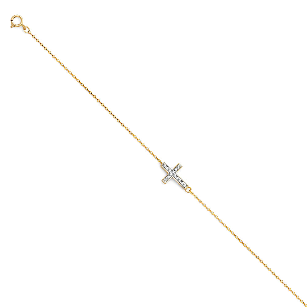 14K Yellow Gold Woman’s Cross Bracelet with CZ Accents