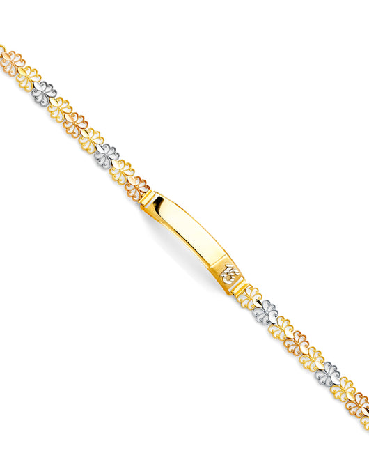 14K Tri-Color Gold Quinceañera ID Bracelet with Number “15” Accent and Floral Links