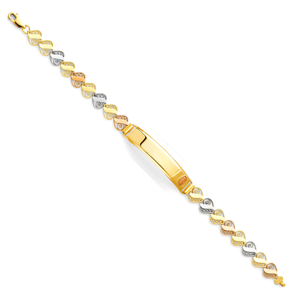 14K Tri-Color Gold Virgen de Guadalupe Heart Link ID Bracelet
