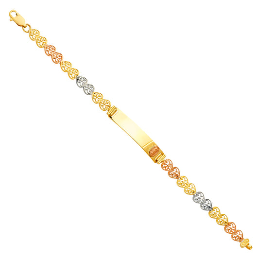 14K Tri-Color Gold Children’s Filigree Heart Link ID Bracelet
